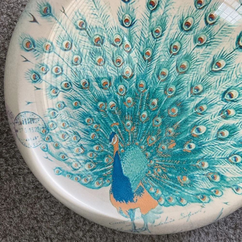 Glass Dome Paperweight Colorful Peacock Sea Blue
